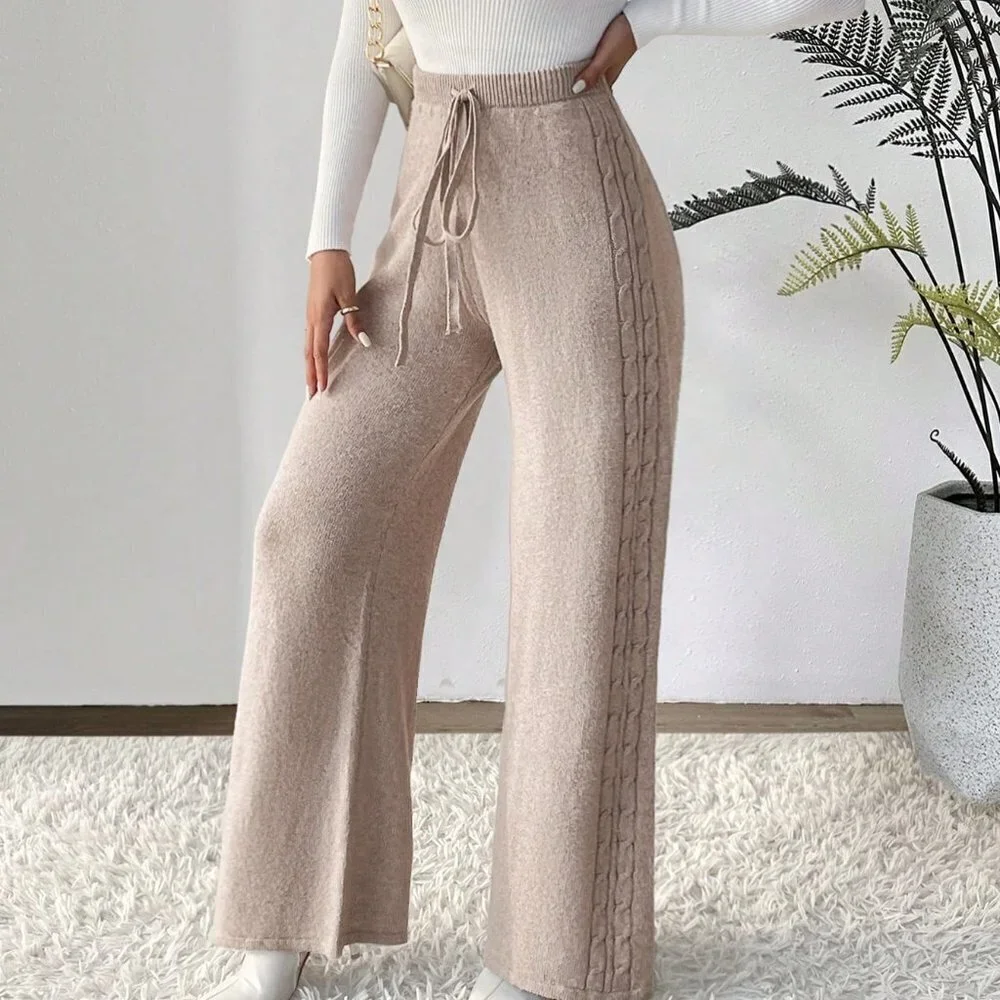 Khaki Casual Womens Drawstring Waist Wide Leg Knit Pants